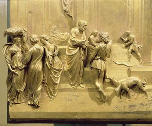 Jákob és Ézsau története, részlet a keresztelőkápolna keleti ajtaja eredeti táblájáról, 1425-52 (aranyozott bronz) (restaurálás után)